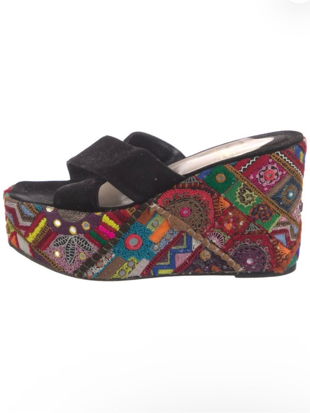 Christian Louboutin Black Multi Embroidered Platform Wedge Sandal size 7.5
